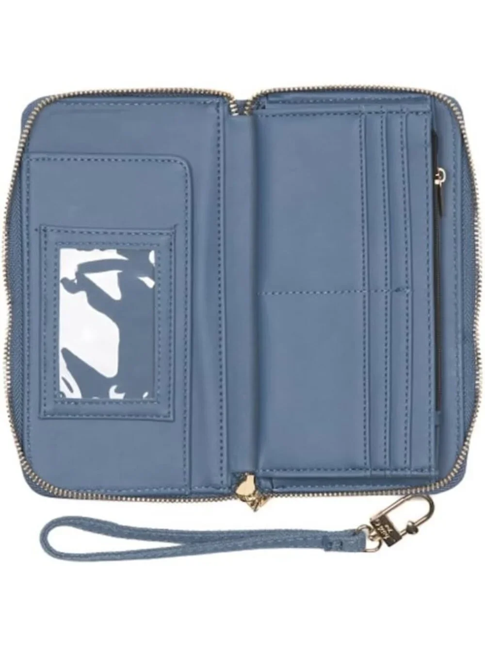 Floral Embroidered Denim Zip Wallet with Wristlet Strap - Stylish Blue